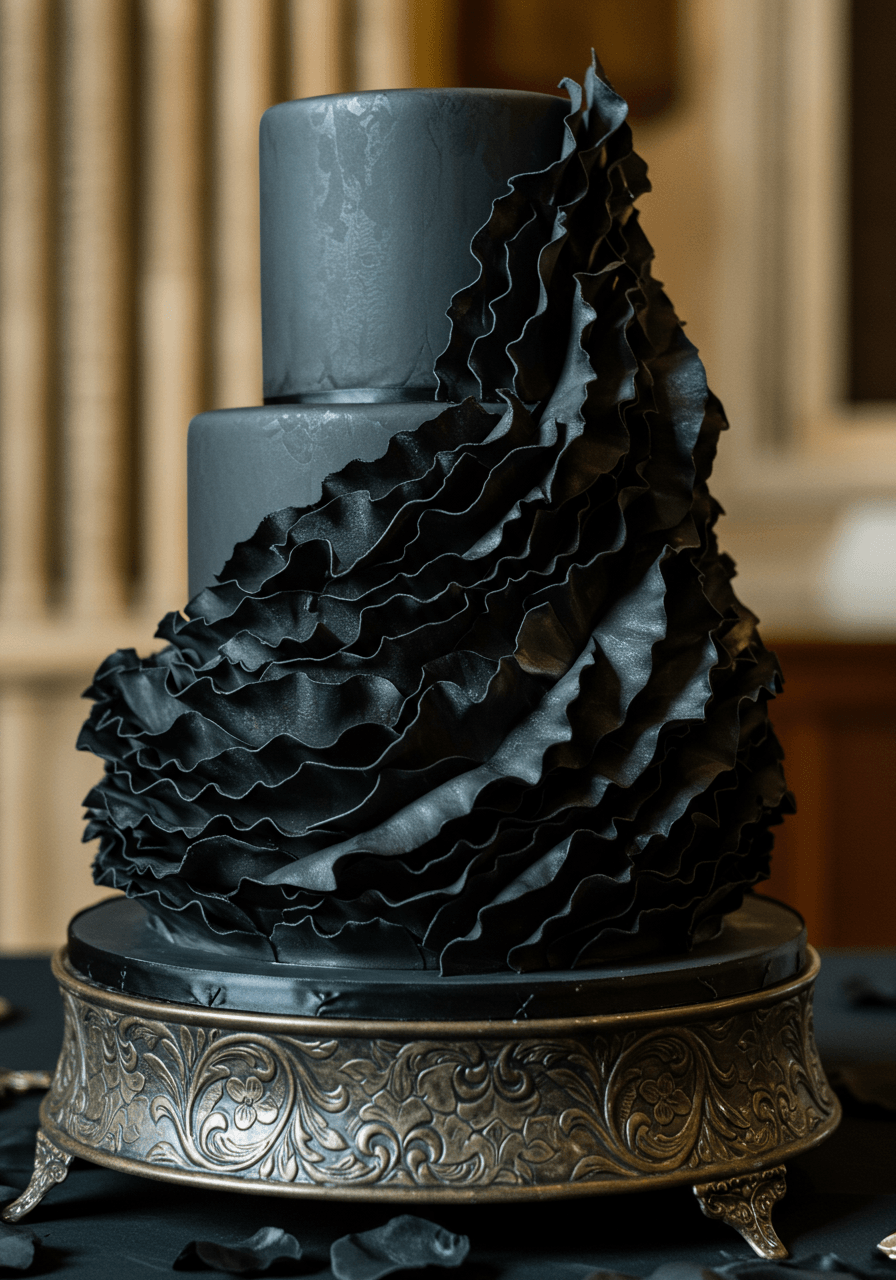 Gothic wedding cake with delicate black wafer paper ruffles resembling flowing tulle in cathedral venue