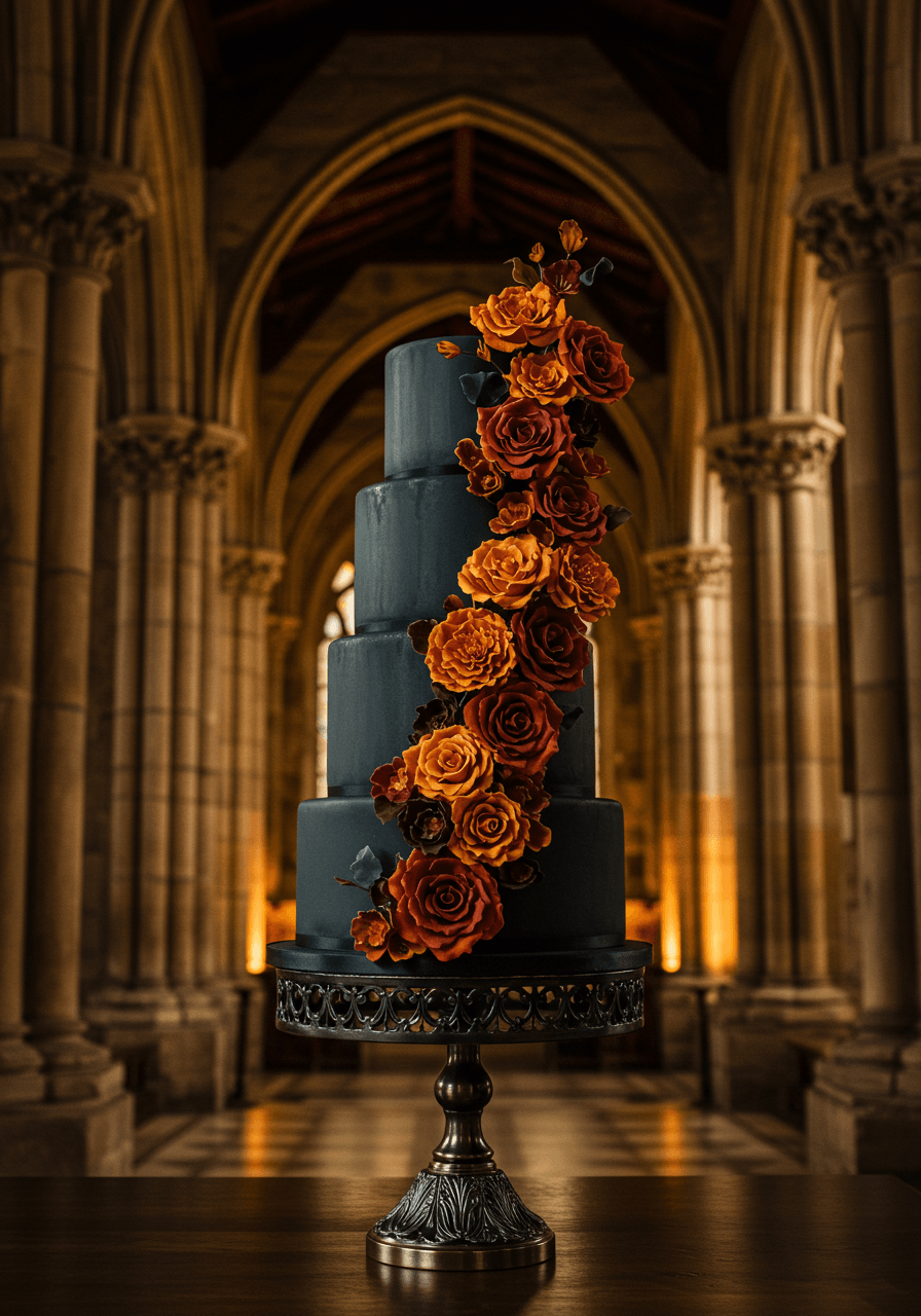 Wide angle shot of marigold-adorned gothic cake in golden hour cathedral lighting