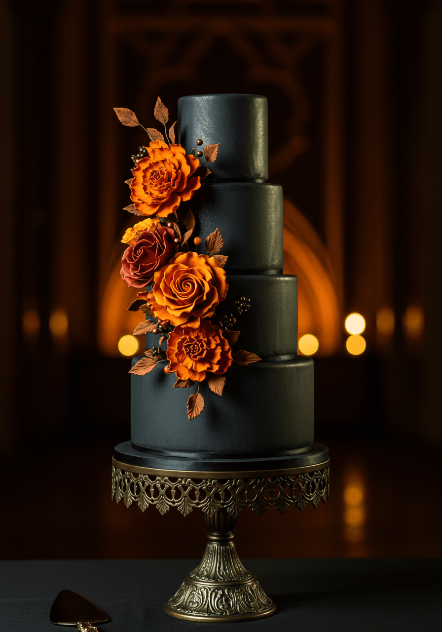 Gothic wedding cake with deep marigold and rust sugar flowers on ornate black iron stand in golden light