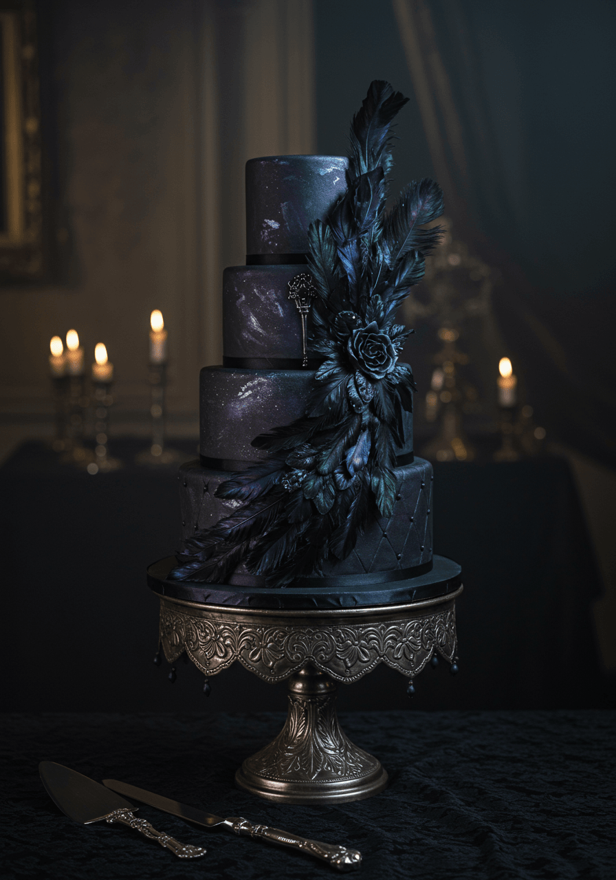 Three-tier gothic wedding cake with iridescent black fondant and cascading raven feathers in Victorian manor dining room