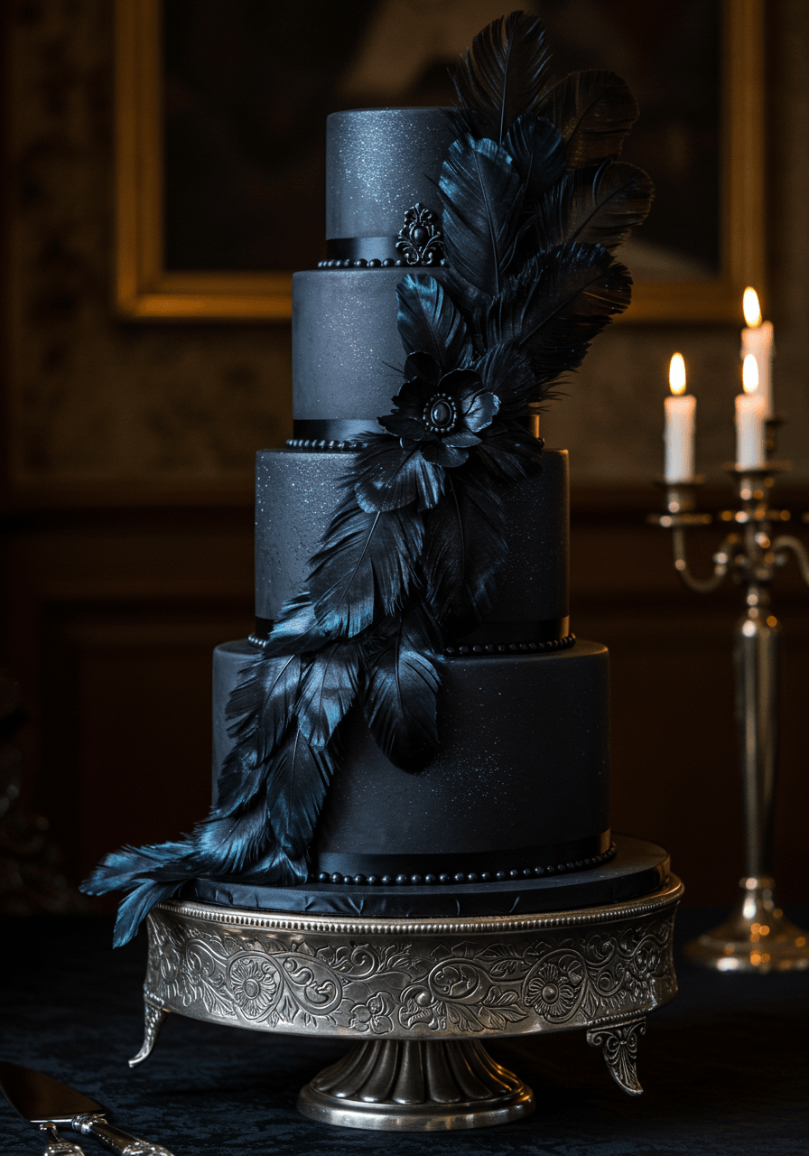 Low angle view of feathered gothic wedding cake with dramatic candlelit ambiance