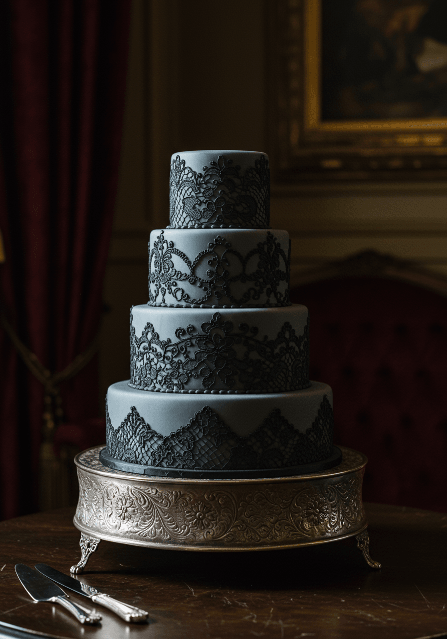Gothic wedding cake with charcoal grey fondant and intricate black lace piping on antique silver stand in Victorian parlor