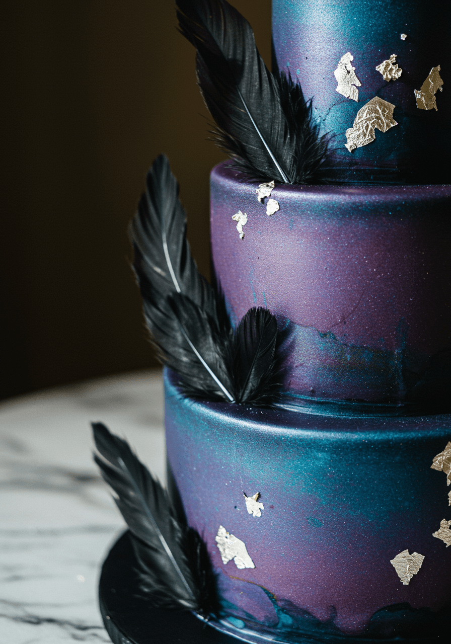 Close-up detail of iridescent purple to blue wedding cake finish with black feathers and silver leaf accents