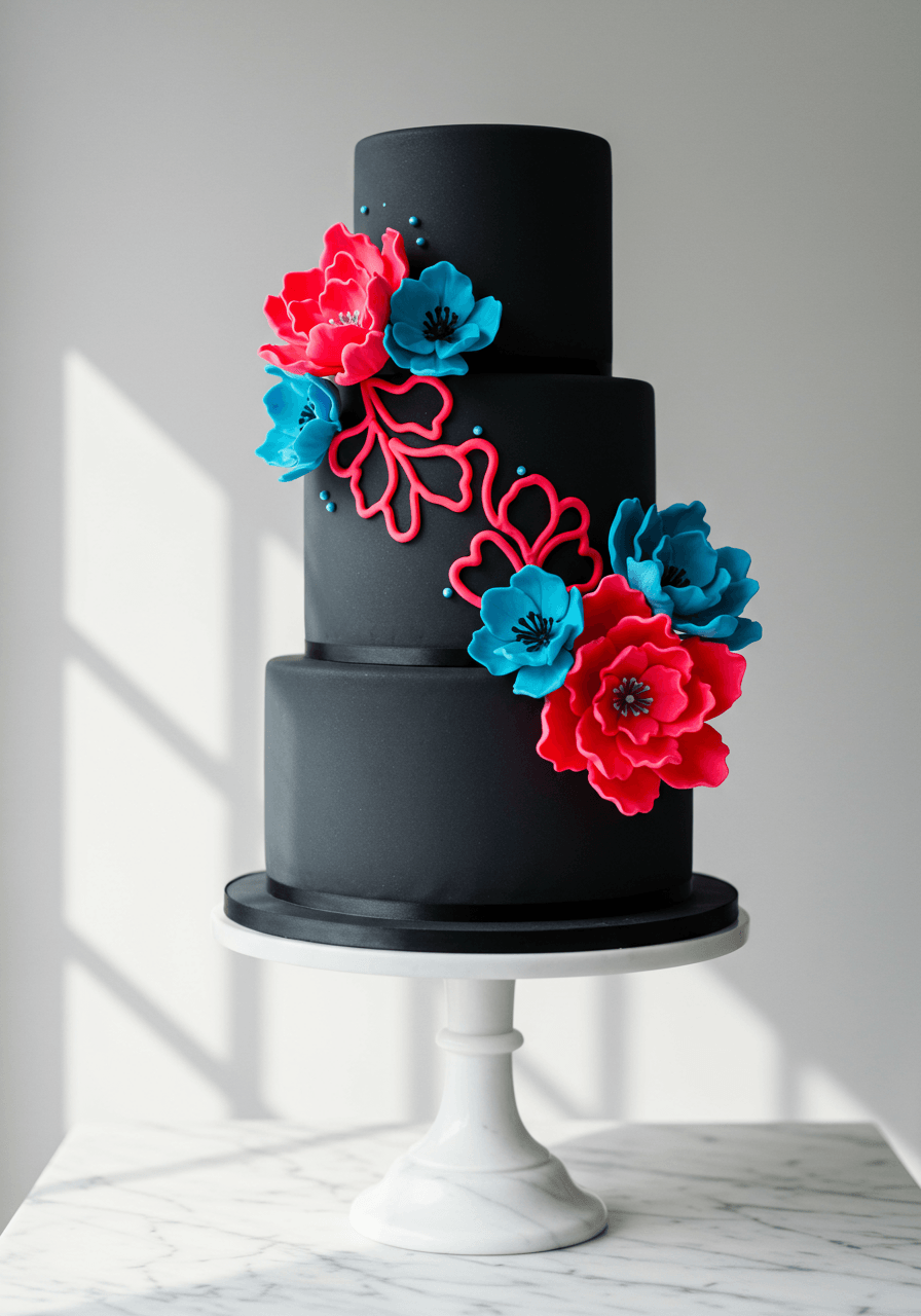Close-up detail of matte black fondant wedding cake decorated with hand-crafted neon orange and magenta sugar peonies and roses