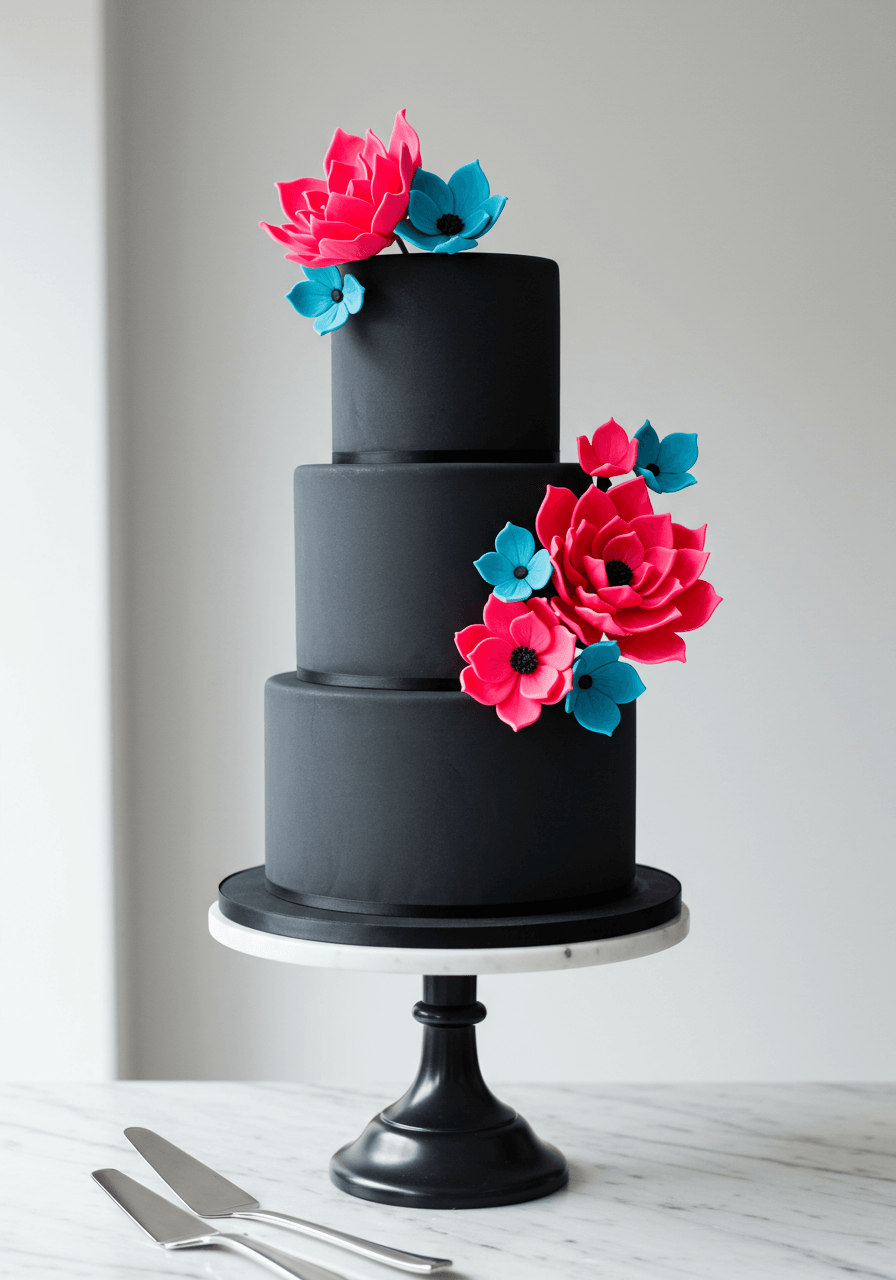 Three-tier matte black wedding cake with vibrant neon pink and electric blue sugar flowers on modern white pedestal in upscale bakery studio