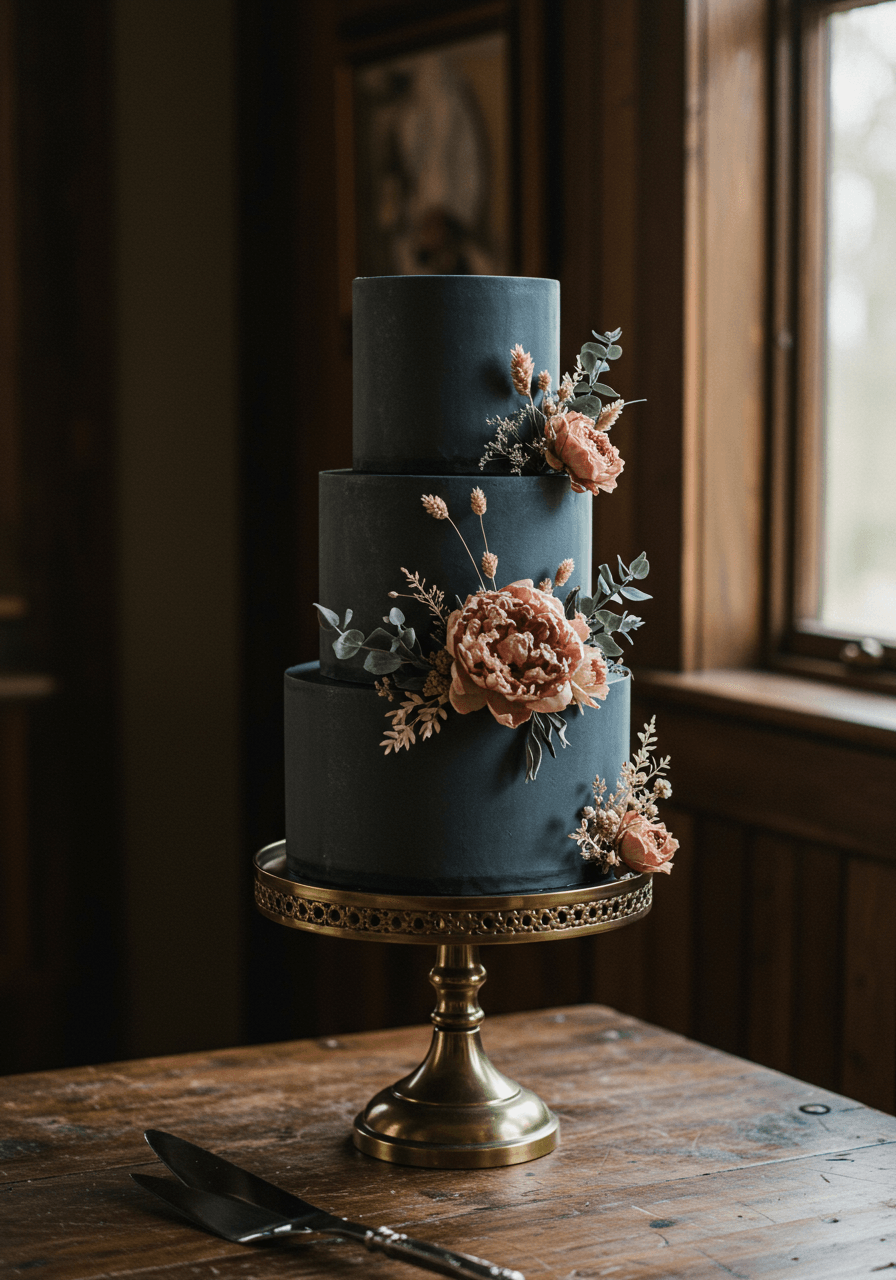 Charcoal gray wedding cake with muted dried florals including dusty rose peonies in vintage parlor setting