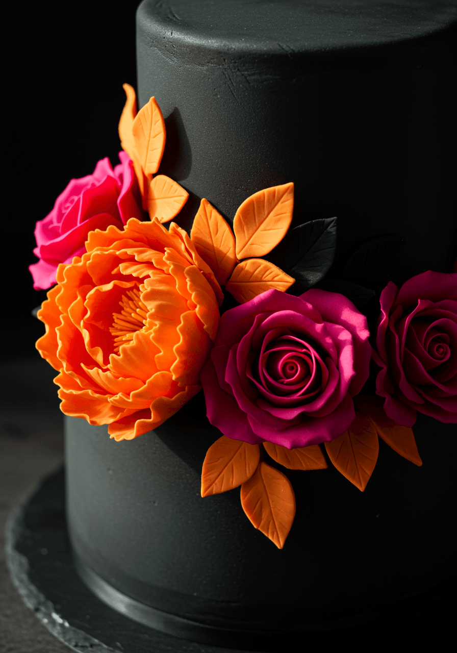 Macro shot of hand-crafted neon orange and magenta sugar peonies cascading down matte black fondant wedding cake tiers