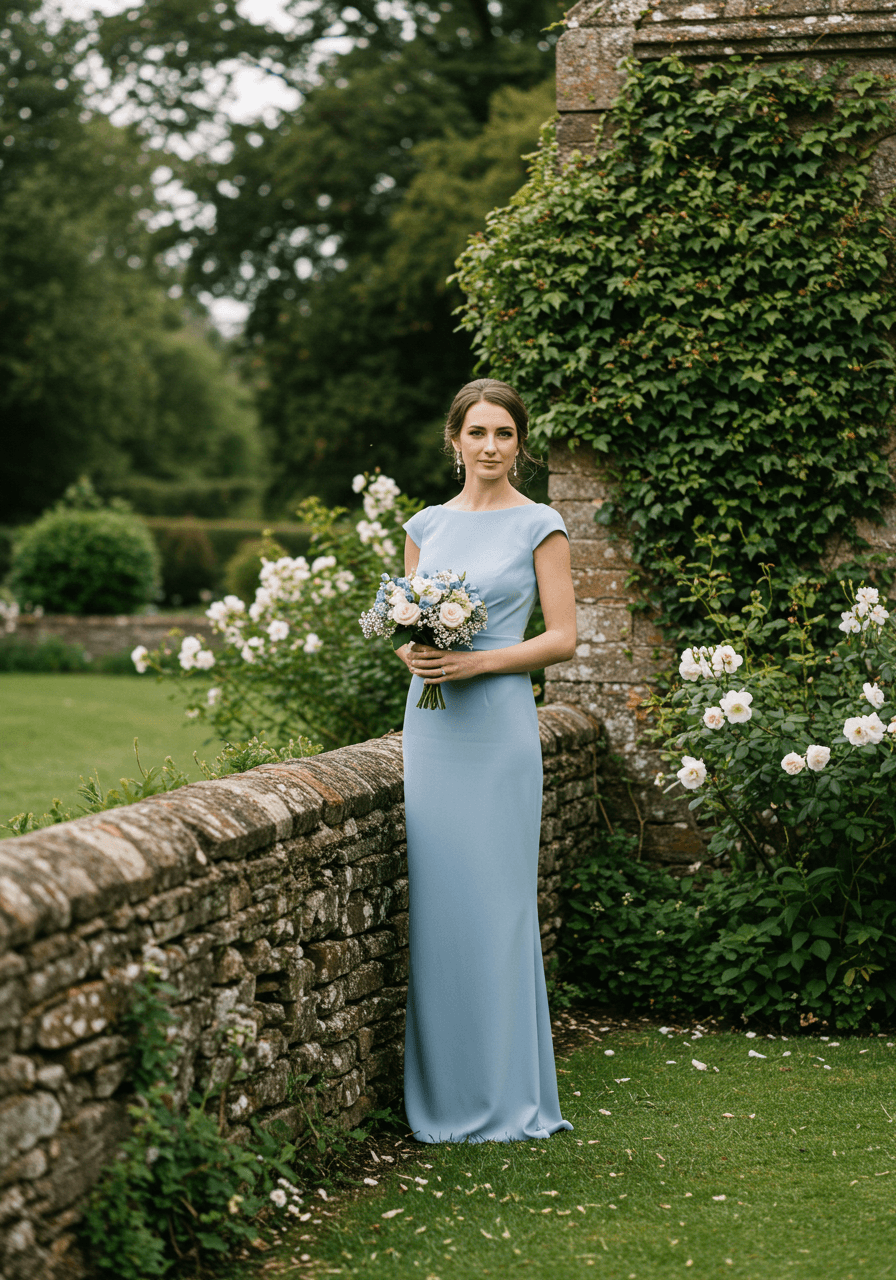 Bridesmaid wearing bluebell blue crepe sheath dress beside ivy-covered stone wall in English manor garden