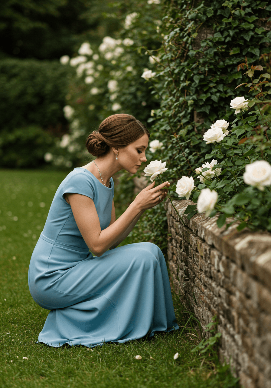 Bridesmaid in bluebell blue crepe sheath kneeling beside white roses in historic garden