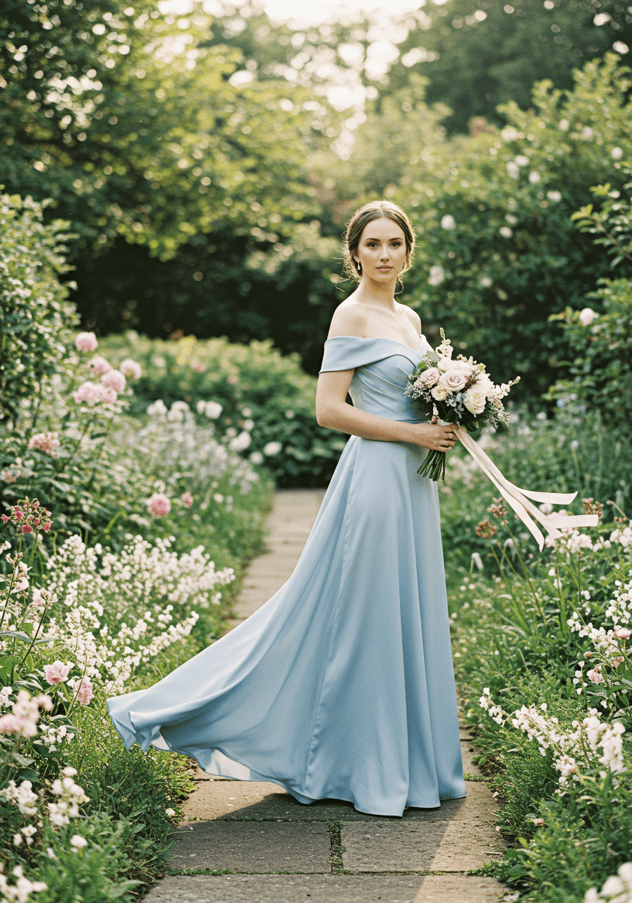 Bridesmaid in bluebell blue off-shoulder satin gown in garden with blooming pink and white flowers