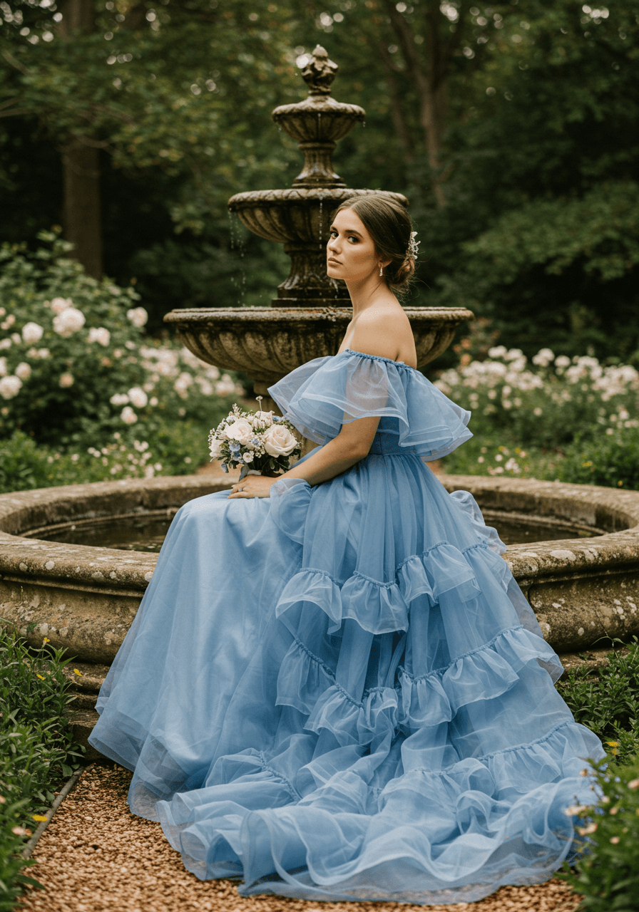 Close-up of bridesmaid sitting on fountain edge in bluebell blue organza ruffle dress