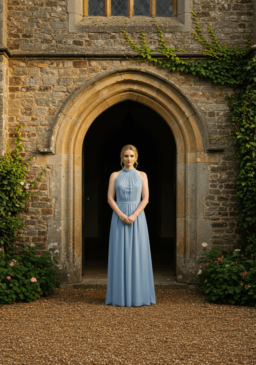 Bridesmaid in bluebell blue high-neck charmeuse gown in front of historic manor stone archway during golden hour
