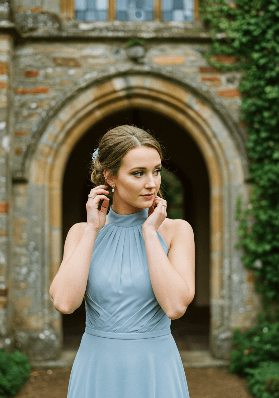 Bridesmaid in bluebell blue charmeuse dress adjusting hair near manor archway at golden hour