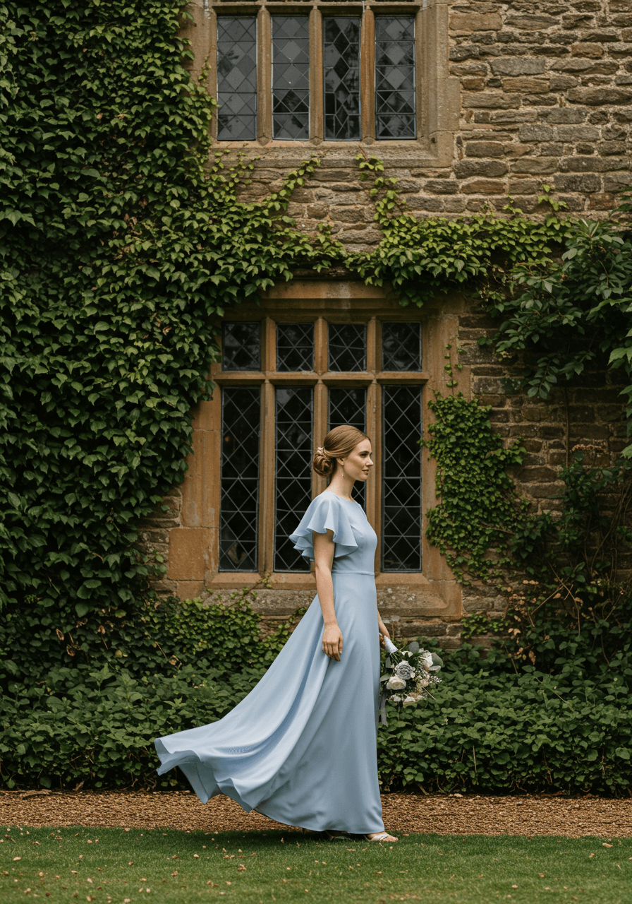 Single bridesmaid in bluebell blue crepe dress with delicate flutter sleeves posed against ivy-covered stone manor walls in morning light