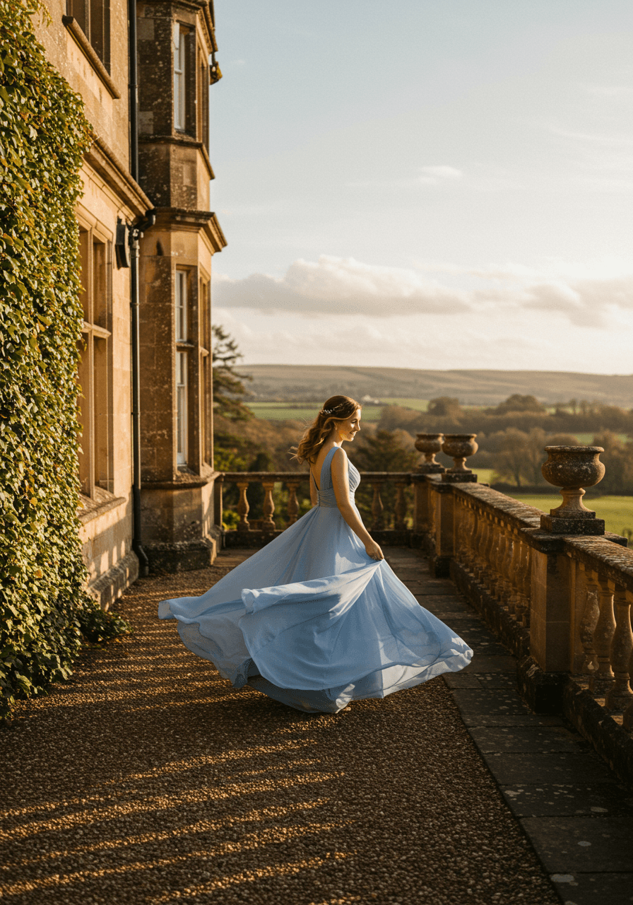 Bridesmaid twirling in bluebell blue chiffon A-line gown on stone terrace with historic manor backdrop