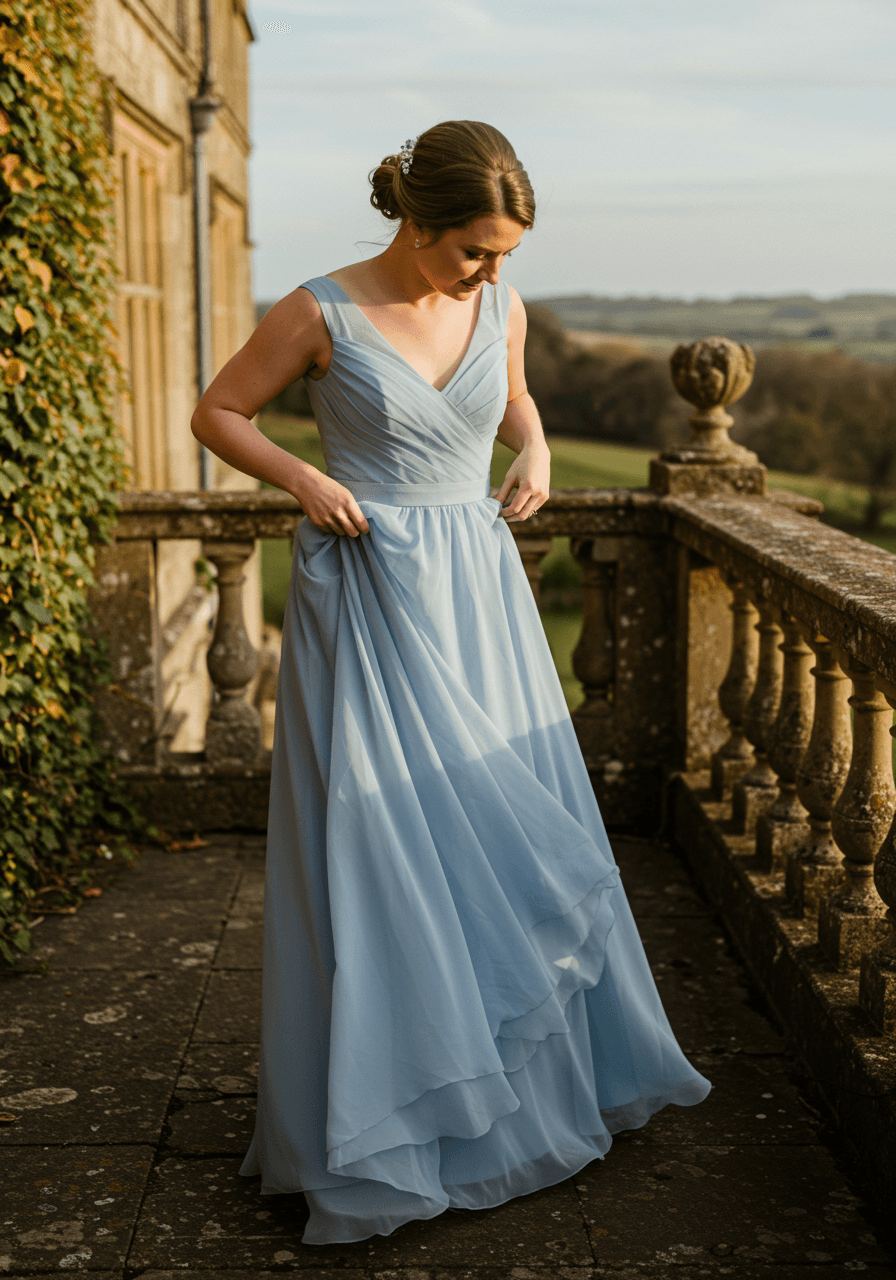 Bridesmaid adjusting bluebell blue chiffon dress on stone manor terrace during golden hour