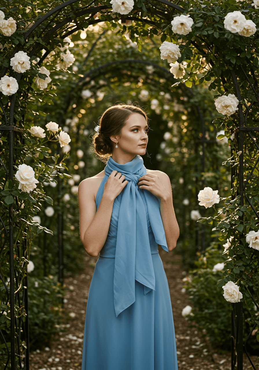 Bridesmaid in bluebell blue halter gown with silk scarf draped over shoulders in rose garden with climbing white roses at golden hour