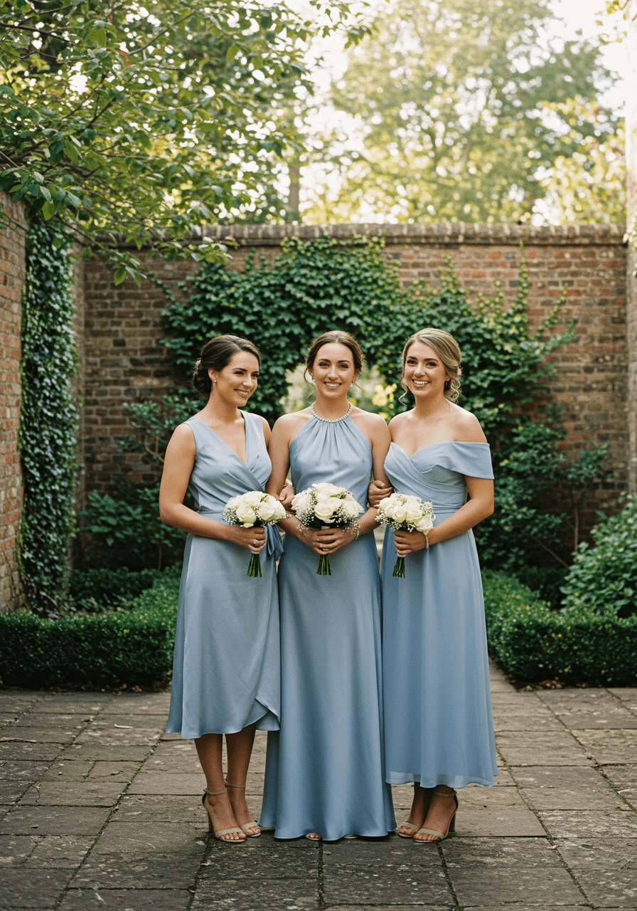 Three bridesmaids in bluebell blue wrap, halter, and off-shoulder dresses holding white rose bouquets in sunlit garden
