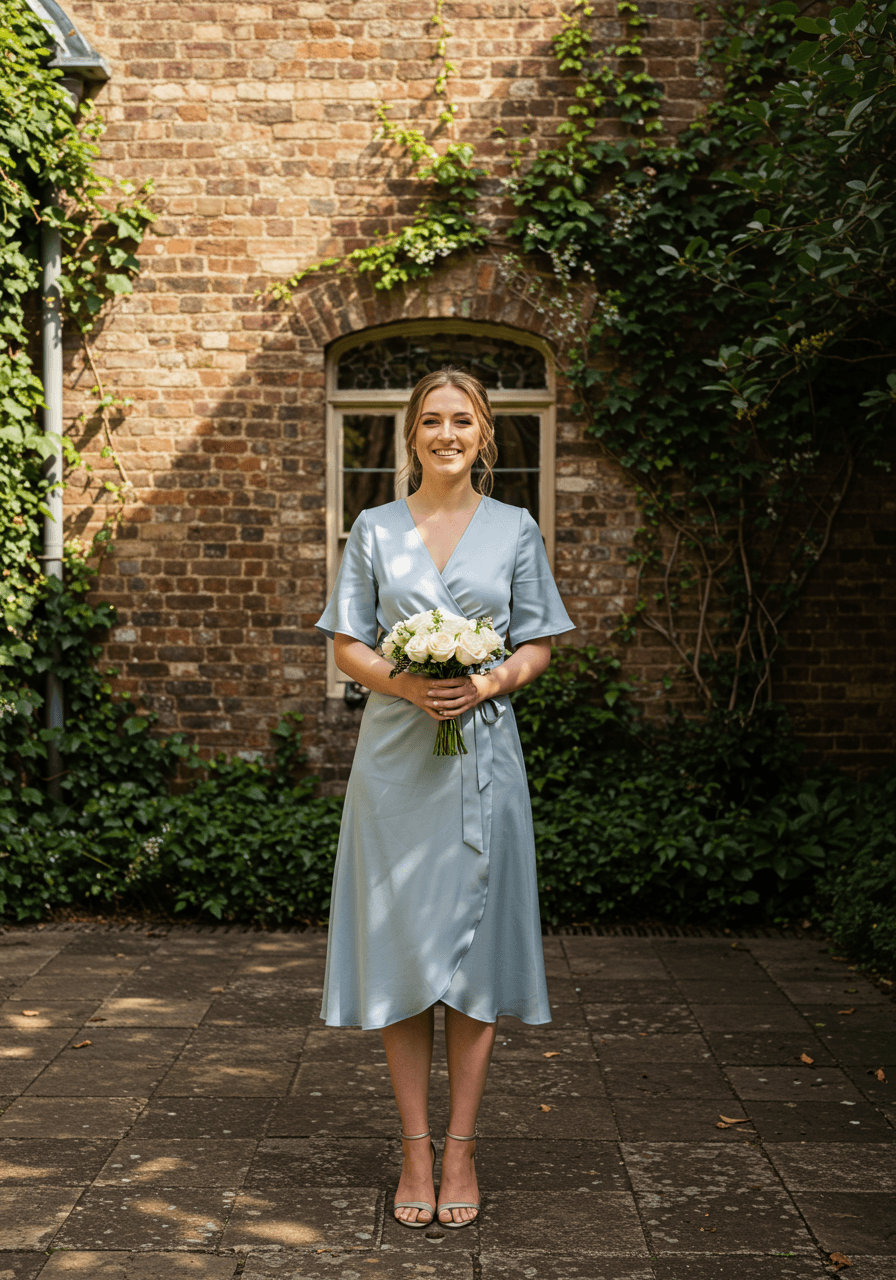 Bridesmaid in bluebell blue satin wrap dress holding white rose bouquet in garden setting