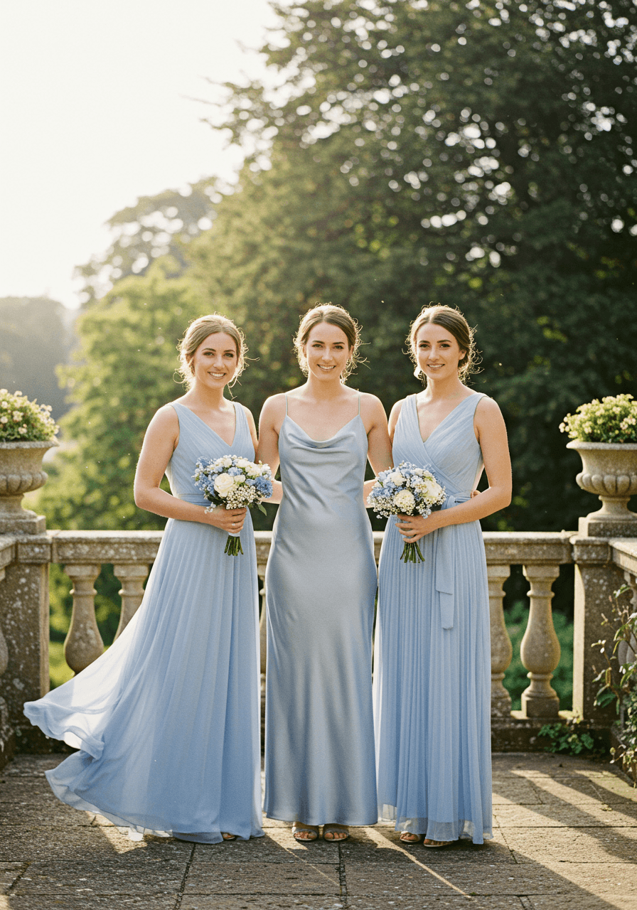 Three bridesmaids in bluebell blue dresses with mixed textures—pleated chiffon and smooth satin—on garden terrace at golden hour