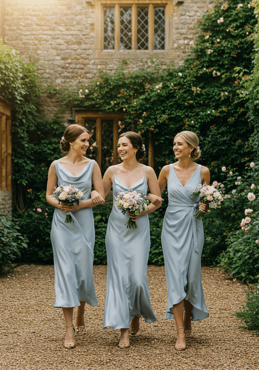Three bridesmaids in varied bluebell blue dresses walking through historic manor garden at golden hour