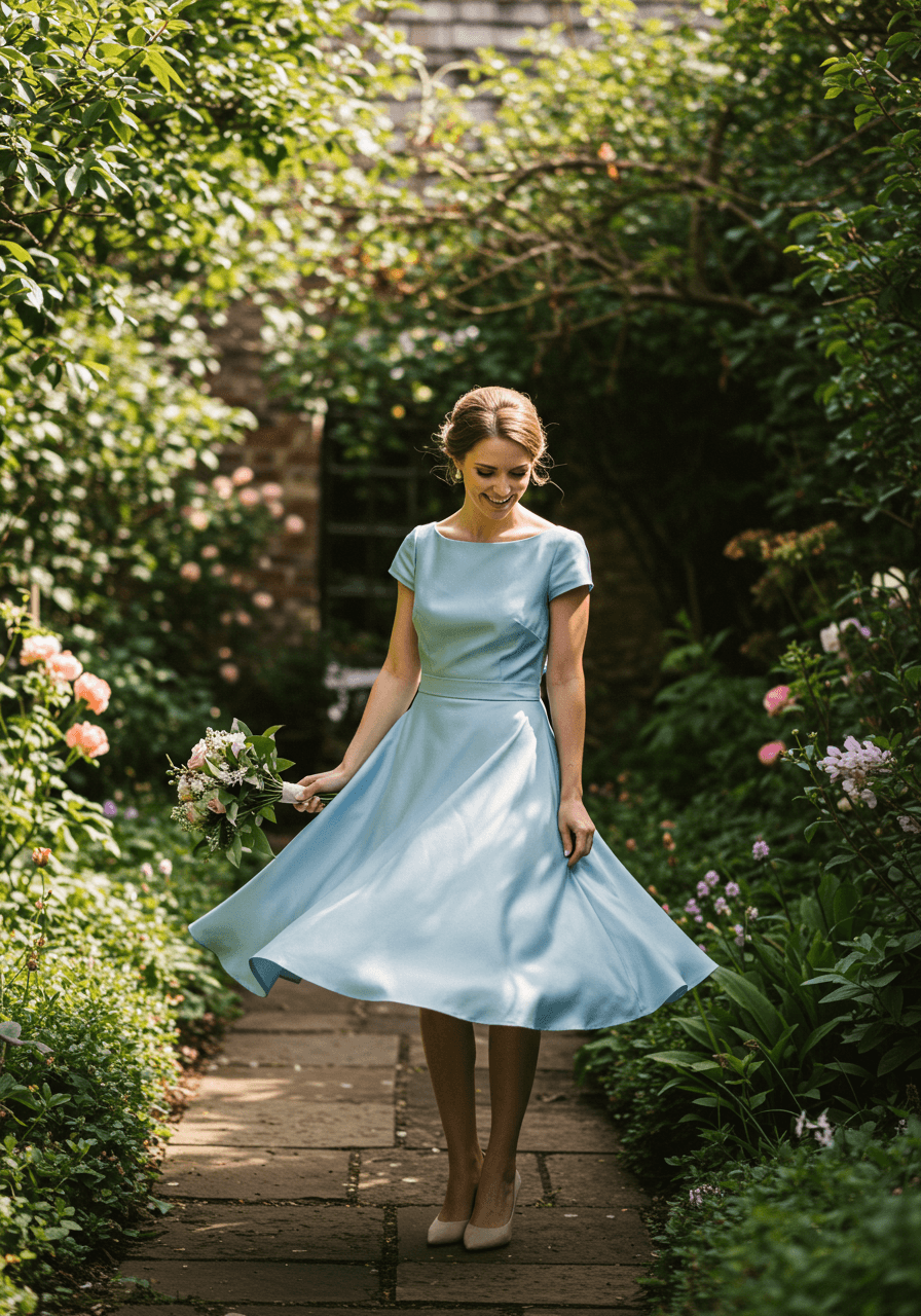 Close-up of bridesmaid twirling in bluebell blue tea-length silk mikado dress in garden