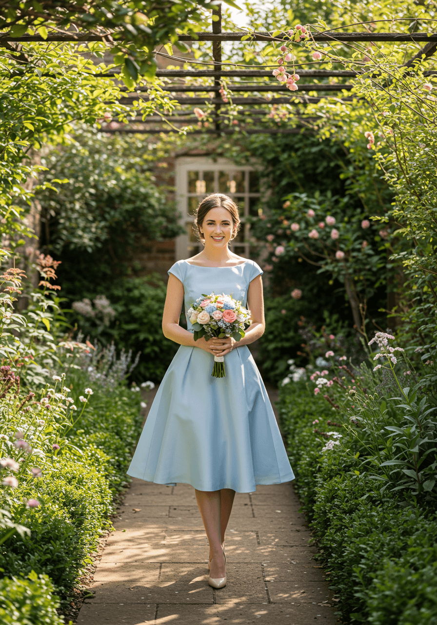 Bridesmaid in bluebell blue tea-length silk mikado dress with fitted bodice and full skirt in garden courtyard at golden hour