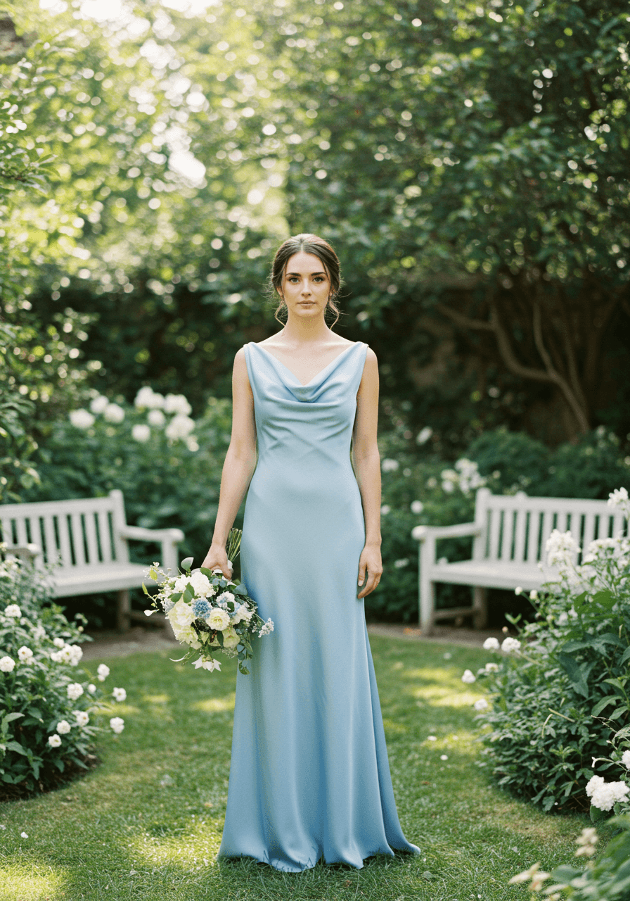 Bridesmaid in bluebell blue cowl neck silk gown in garden courtyard with white stone benches and greenery