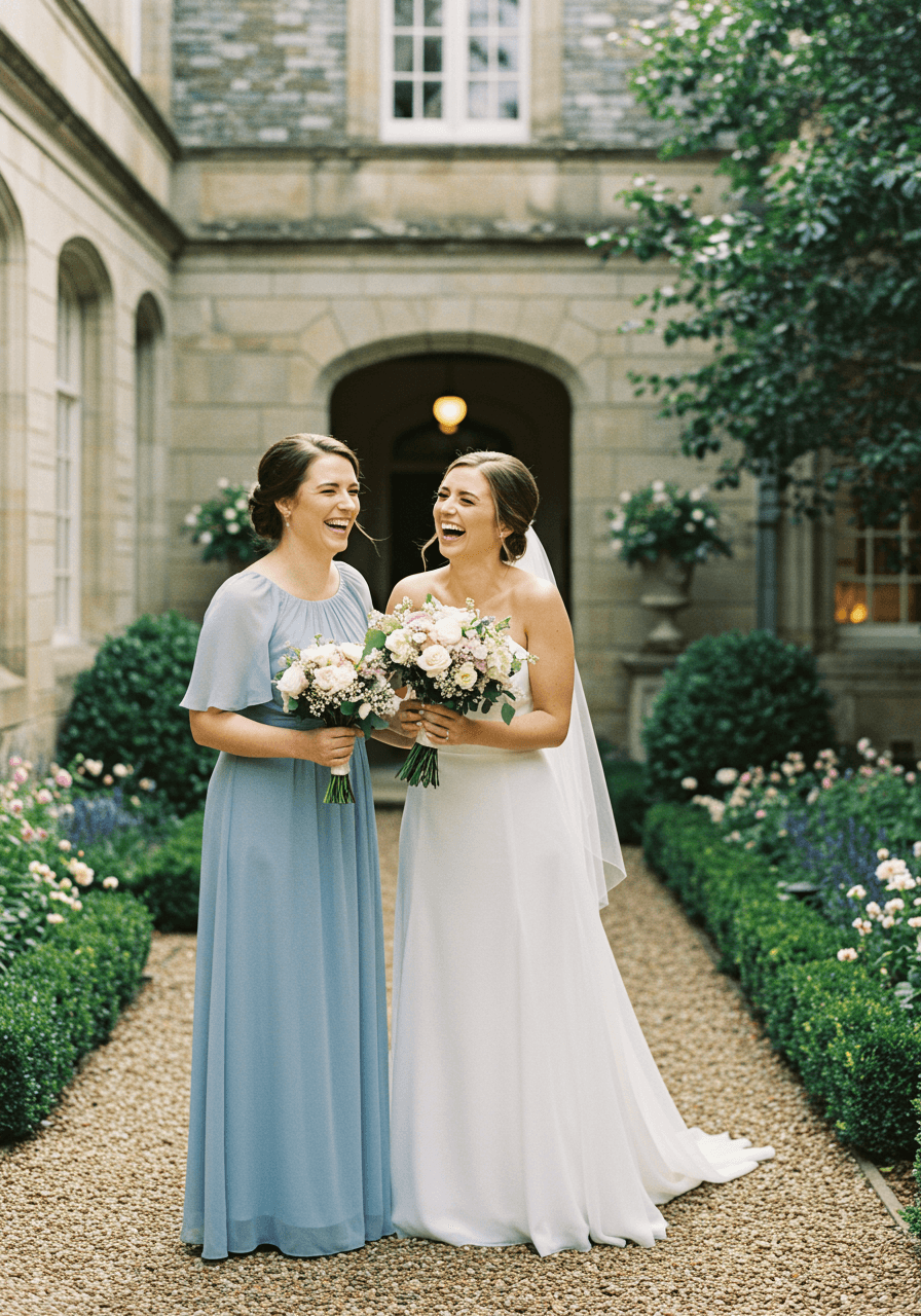 Bride and bridesmaid in bluebell blue chiffon A-line gown laughing together in elegant garden courtyard