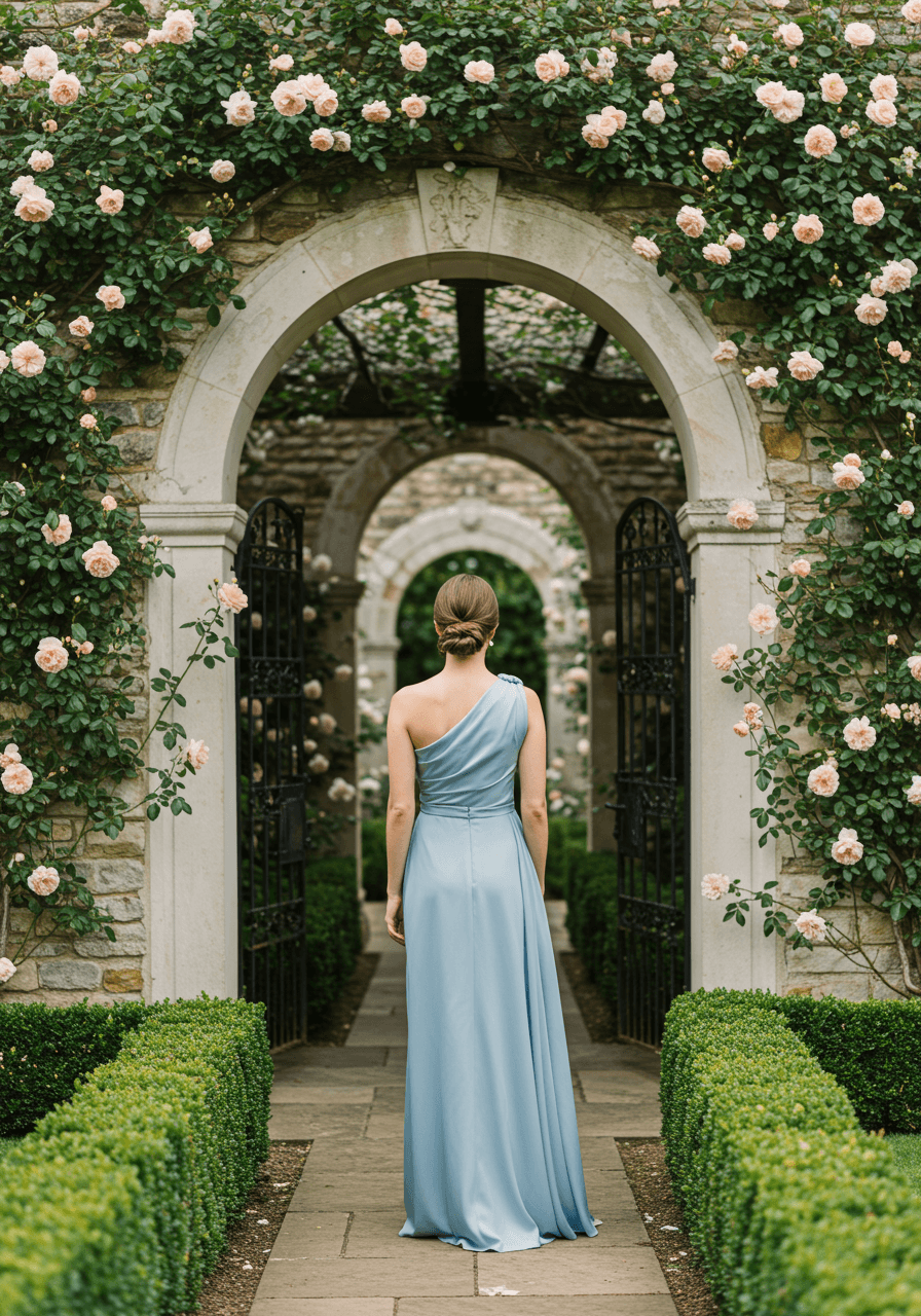 Bridesmaid in bluebell blue one-shoulder silk gown with elegant draping in garden courtyard with white stone archways and climbing roses