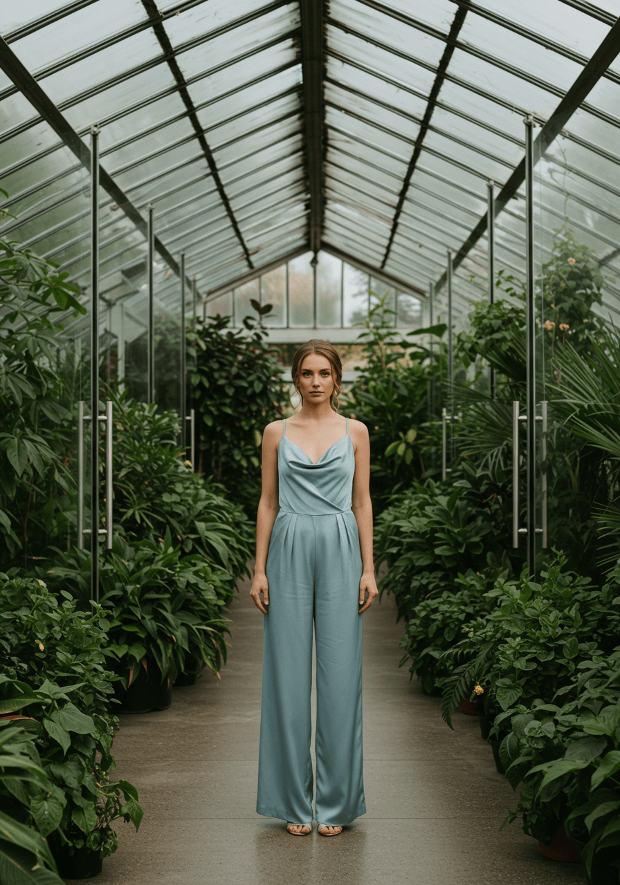 Bridesmaid in bluebell blue satin wide-leg jumpsuit in modern glass conservatory with lush greenery