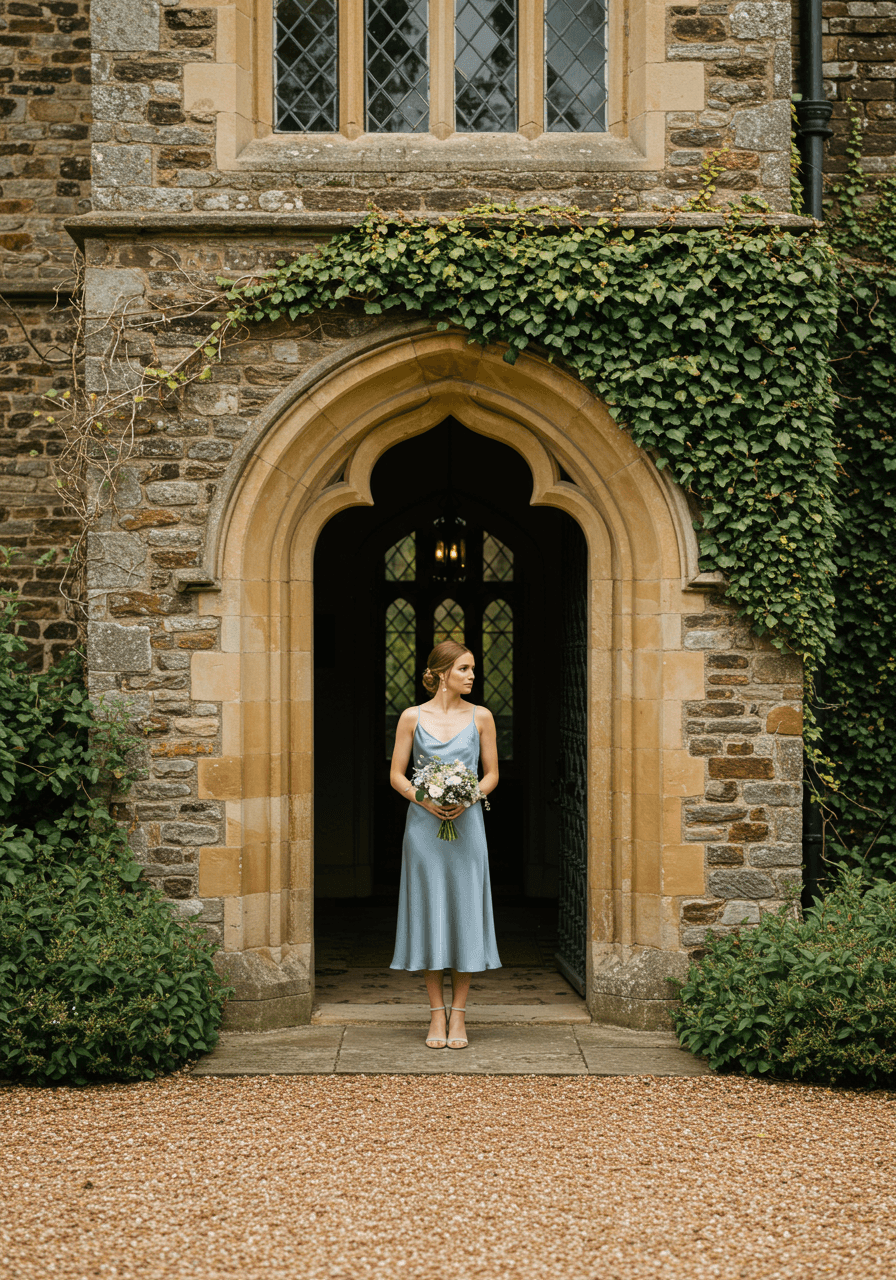 Bridesmaid in bluebell blue satin slip dress with thin straps beside ivy-covered stone manor archway