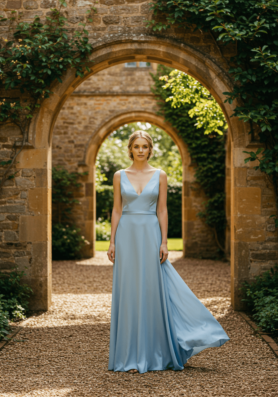 Bridesmaid in bluebell blue satin V-neck dress with dramatic plunging neckline in manor garden courtyard at golden hour