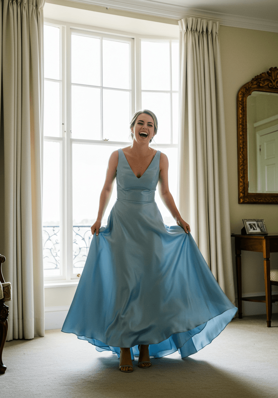 Full-length view of bridesmaid in bluebell blue satin V-neck gown in elegant bridal suite