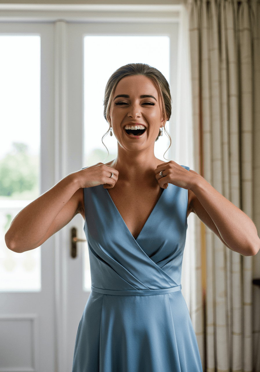 Bridesmaid laughing while adjusting dramatic V-neckline of bluebell blue satin gown in bright bridal suite with floor-to-ceiling windows