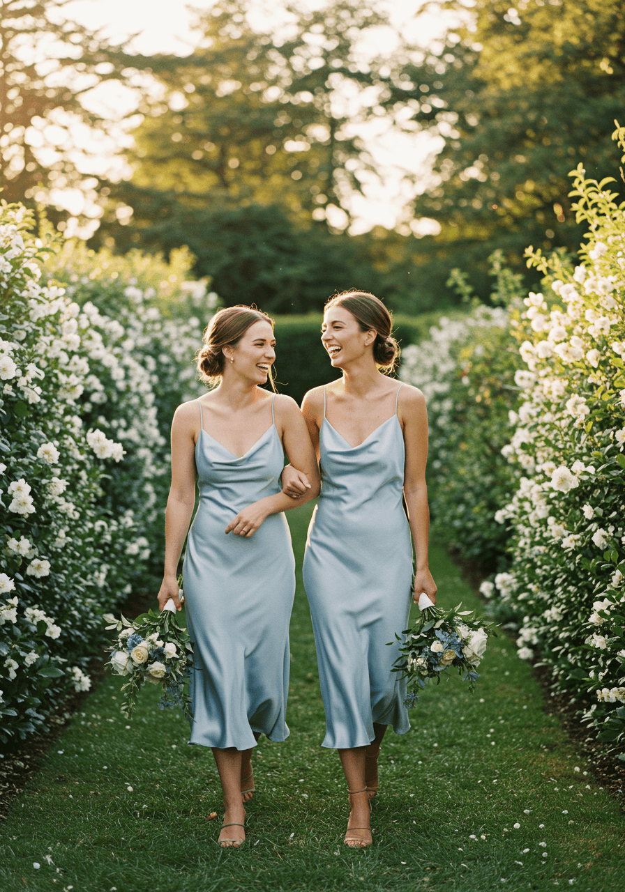 Two bridesmaids in bluebell blue satin slip dresses walking arm-in-arm through garden pathway with white flowering bushes