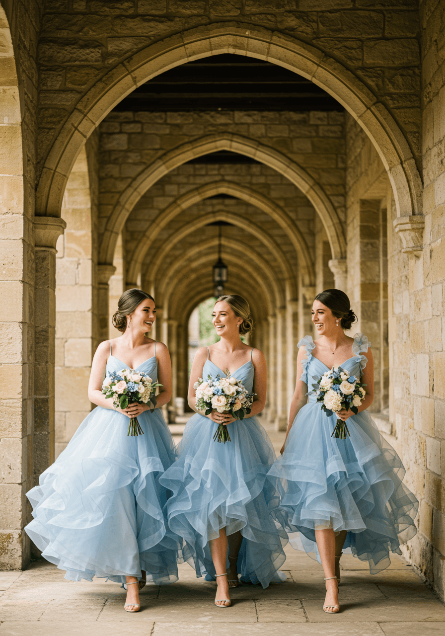Two bridesmaids in bluebell blue ruffle dresses pausing for conversation in manor stone corridor