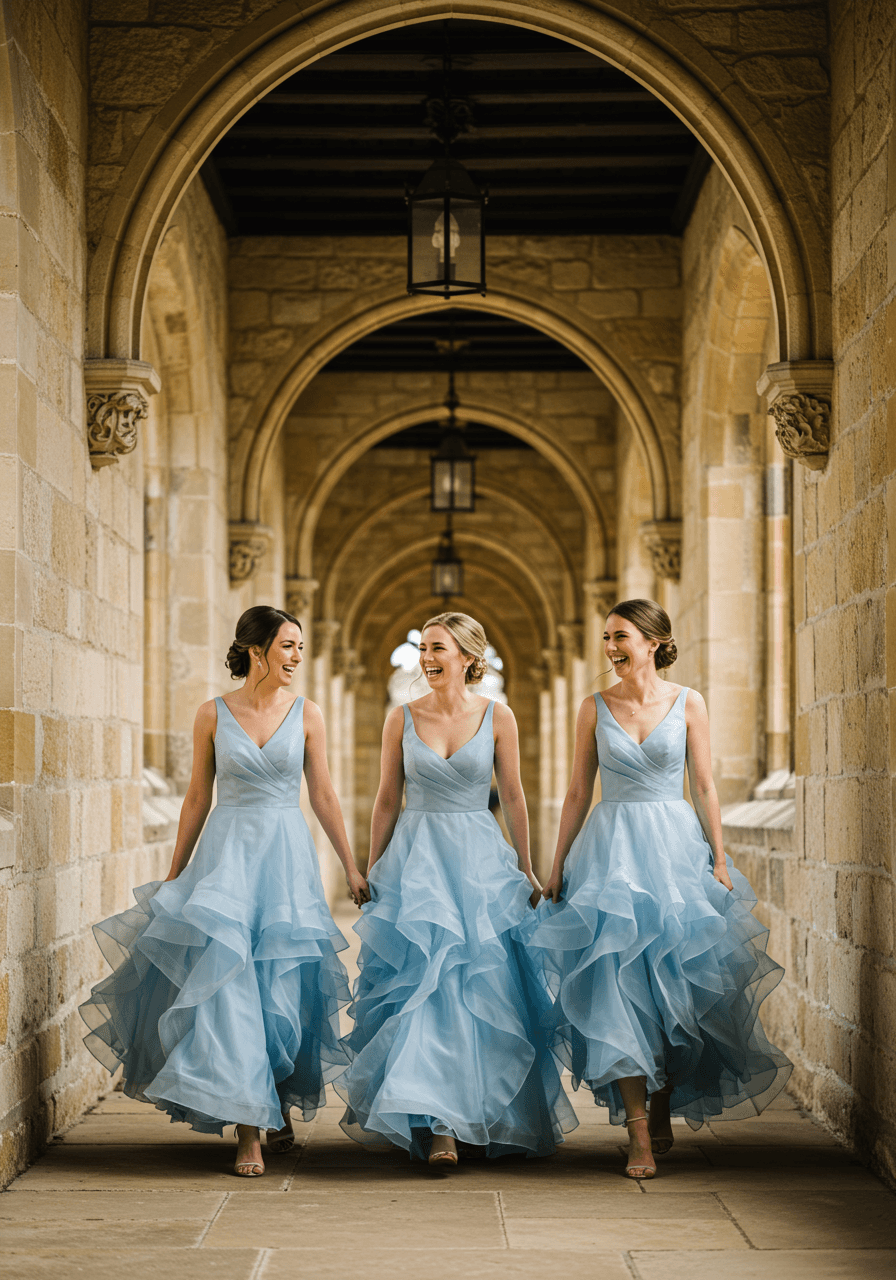 Three bridesmaids in bluebell blue silk organza ruffle dresses walking through historic manor arched corridor
