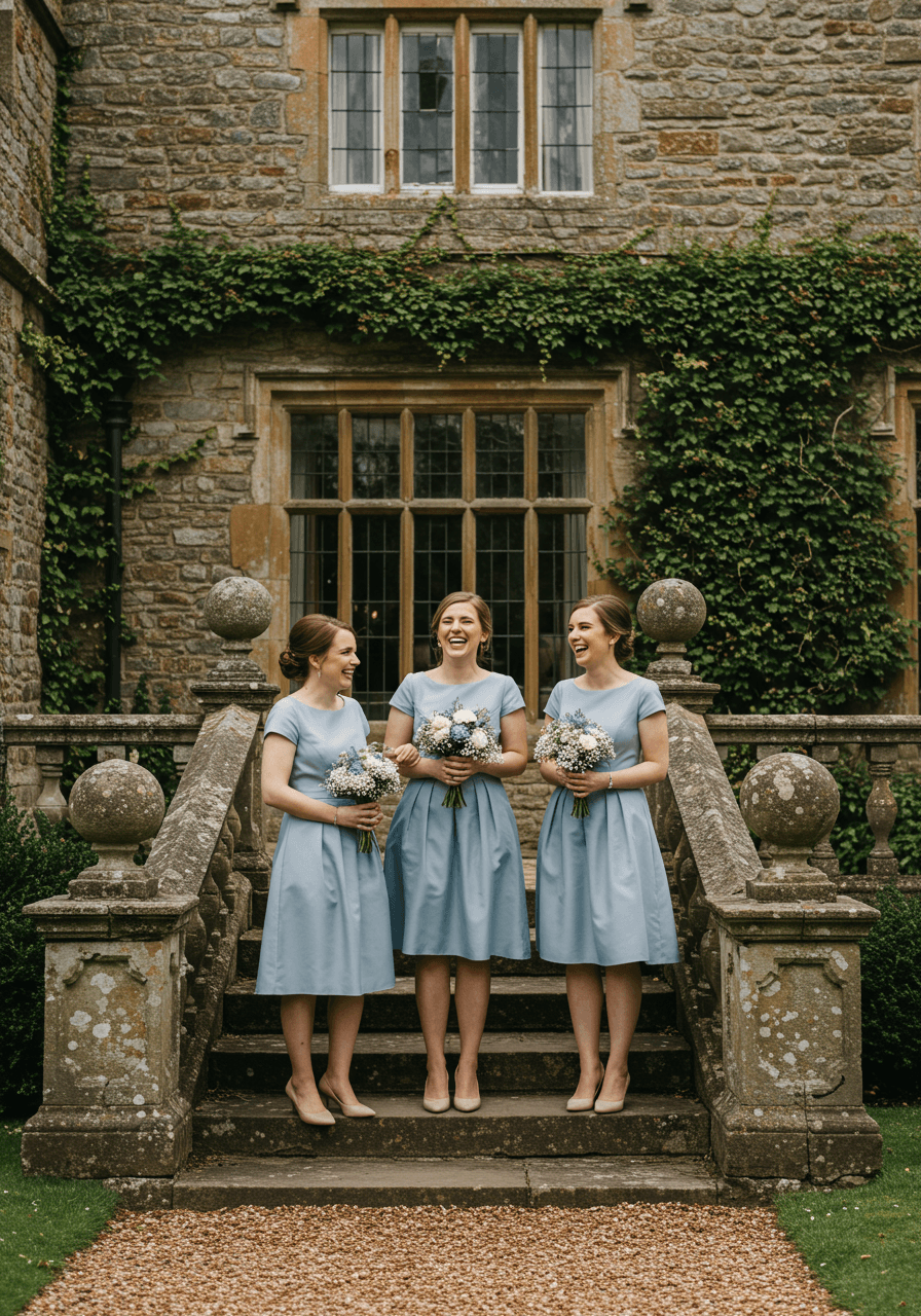 Three bridesmaids in matching bluebell blue tea-length silk mikado dresses laughing together on historic manor stone steps