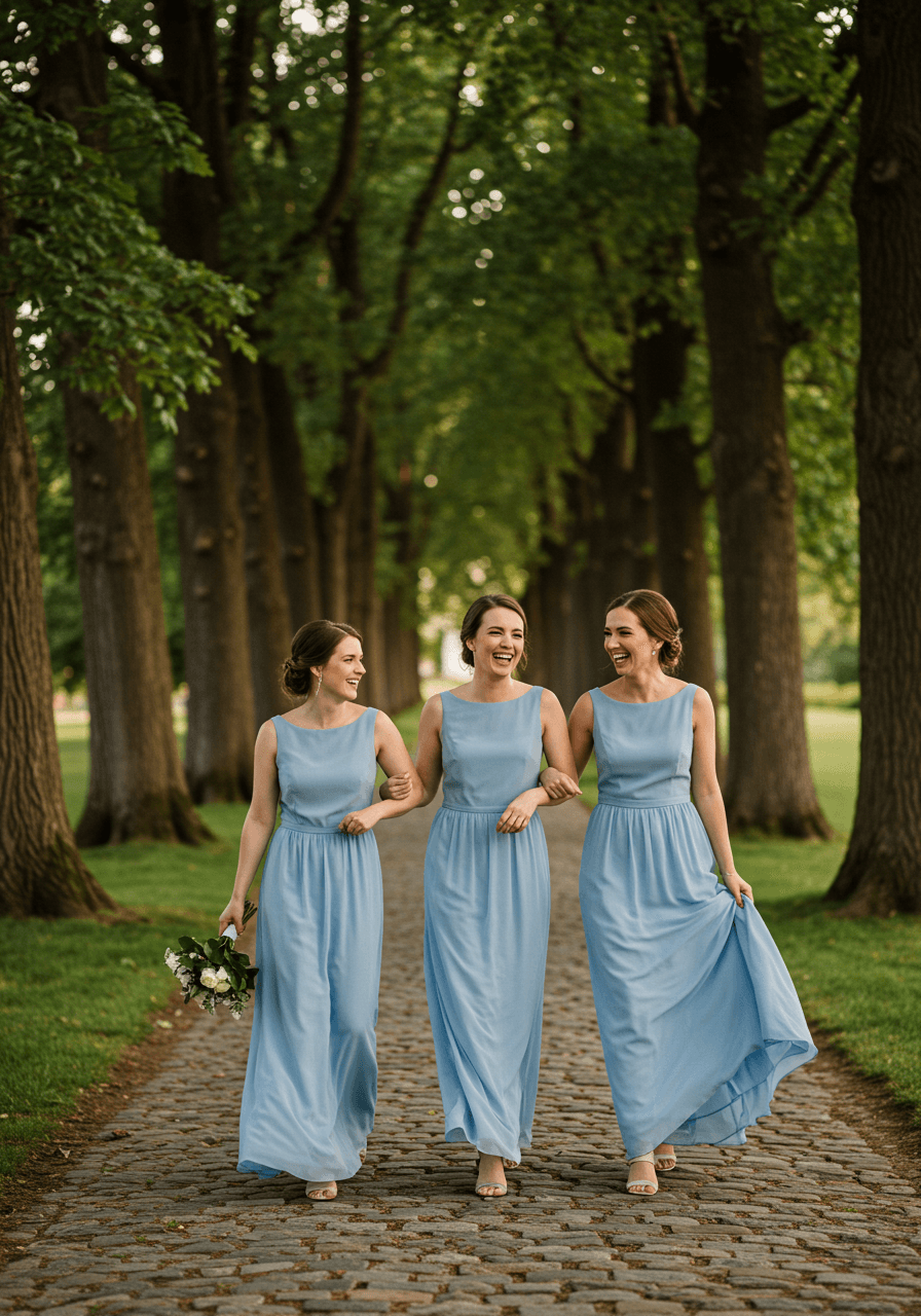 Three bridesmaids in matching bluebell blue crepe sheaths walking arm-in-arm down tree-lined cobblestone path at sunset