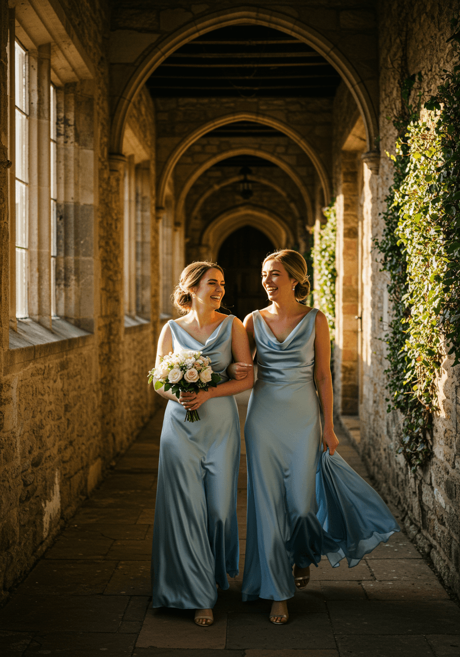 Two bridesmaids in bluebell blue cowl neck silk gowns laughing while walking through stone manor corridors at golden hour