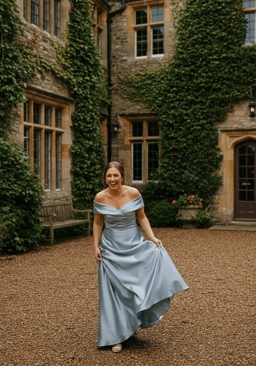 Wide angle view of bridesmaid in bluebell blue off-shoulder satin gown against ivy-covered manor walls