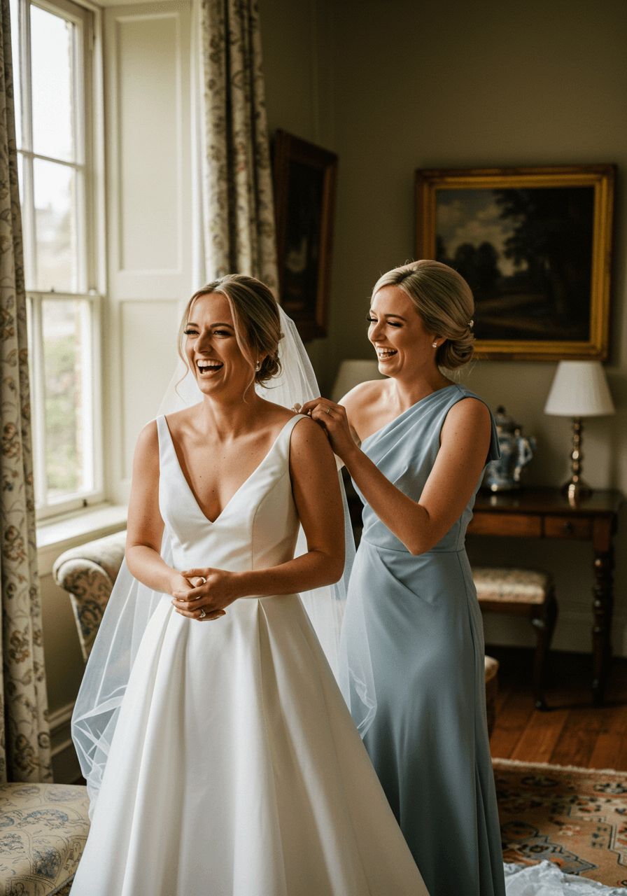 Bride and bridesmaid laughing while adjusting veil in morning room, bridesmaid wearing bluebell blue one-shoulder silk gown