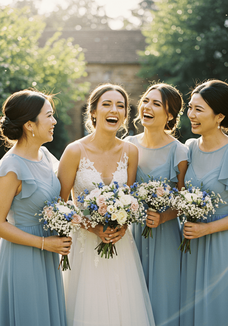 Close-up of bridesmaid in bluebell blue chiffon dress with romantic flutter sleeves in garden