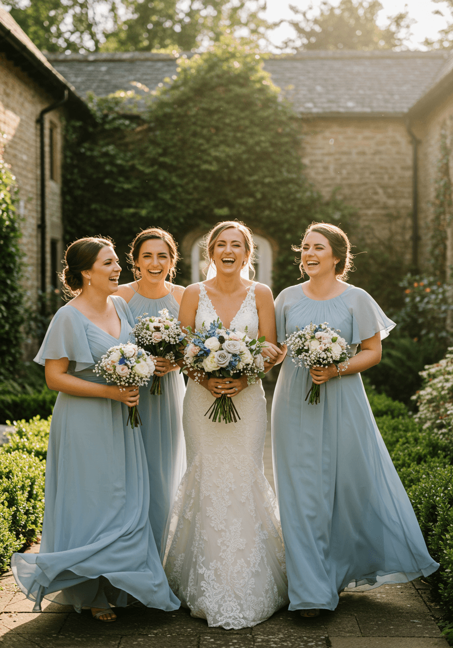Bride and three bridesmaids in bluebell blue chiffon flutter sleeve dresses laughing together in sunlit garden courtyard