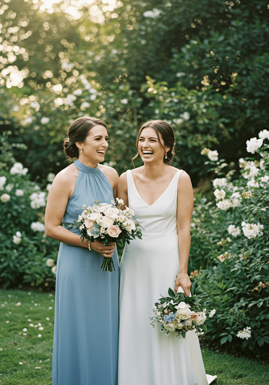 Bridesmaid in bluebell blue high-neck charmeuse gown laughing with bride in garden surrounded by white flowers