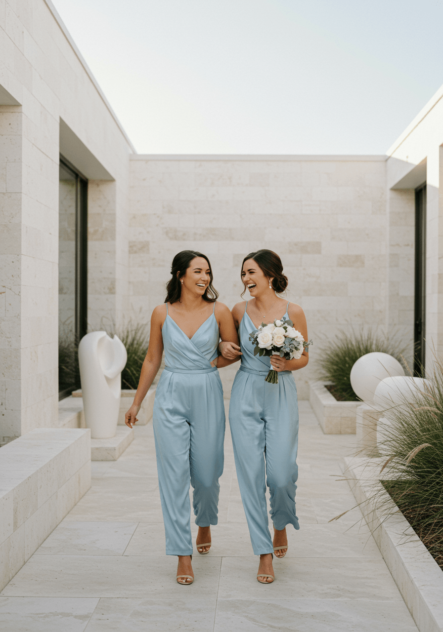 Two bridesmaids in bluebell blue satin jumpsuits laughing while walking through minimalist white courtyard at golden hour