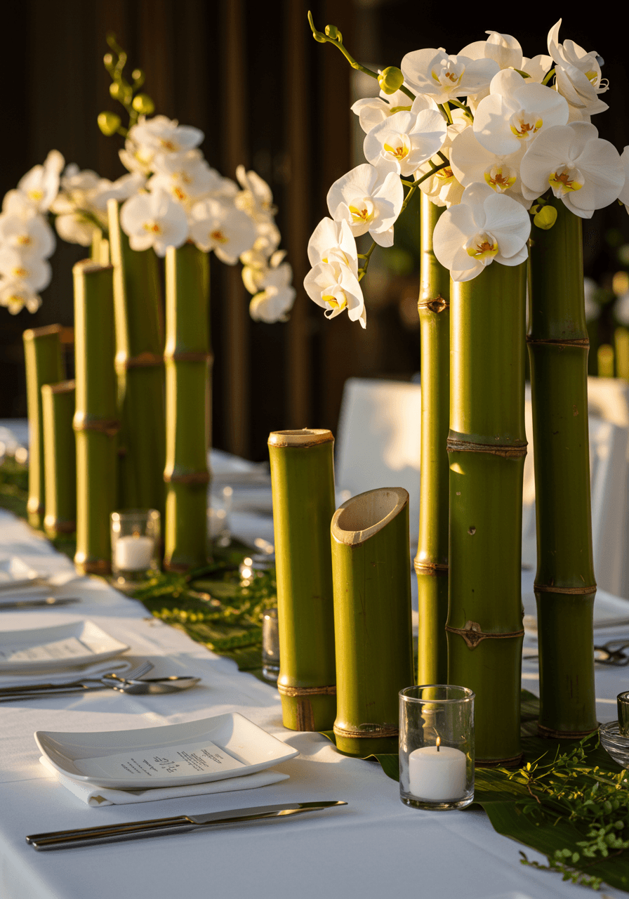 Bamboo candle holders and tall vases with pristine white orchids on minimalist reception table during golden hour
