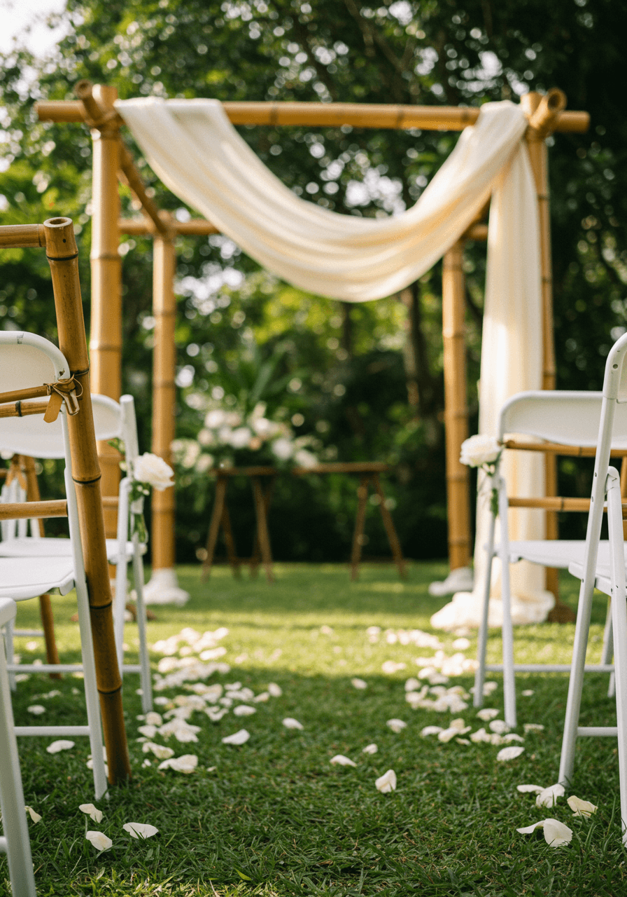 Bamboo wedding ceremony arch adorned with flowing cream fabric draping set within natural garden landscape