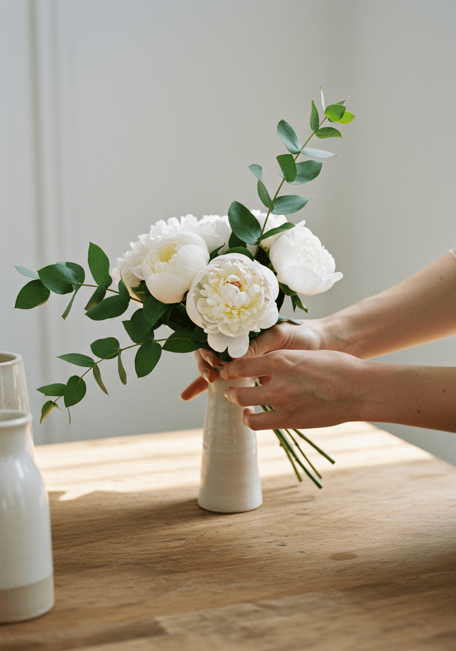 Bride carefully arranging white peonies and eucalyptus branches into minimalist bouquet on rustic wooden table